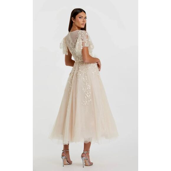 Mac Duggal 20362 Nude Embellished Flutter Sleeve Bow Waist A-Line Gown size 6 - Picture 2 of 14